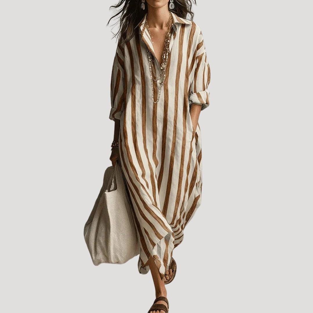 Robe Chemise Longue Rayée Femme à Poches