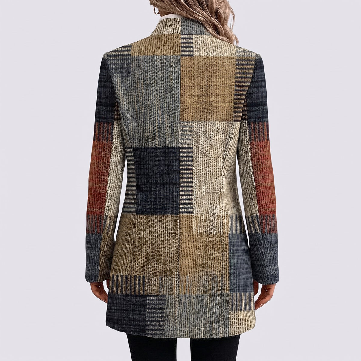Blazer Long Femme à Carreaux Patchwork