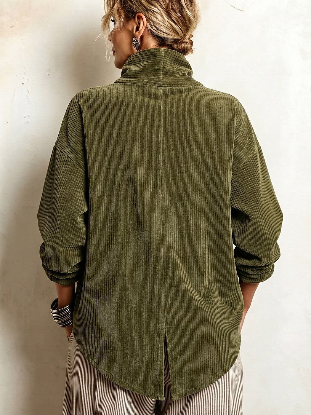 Pull Côtelé Femme Col Montant Boutonné