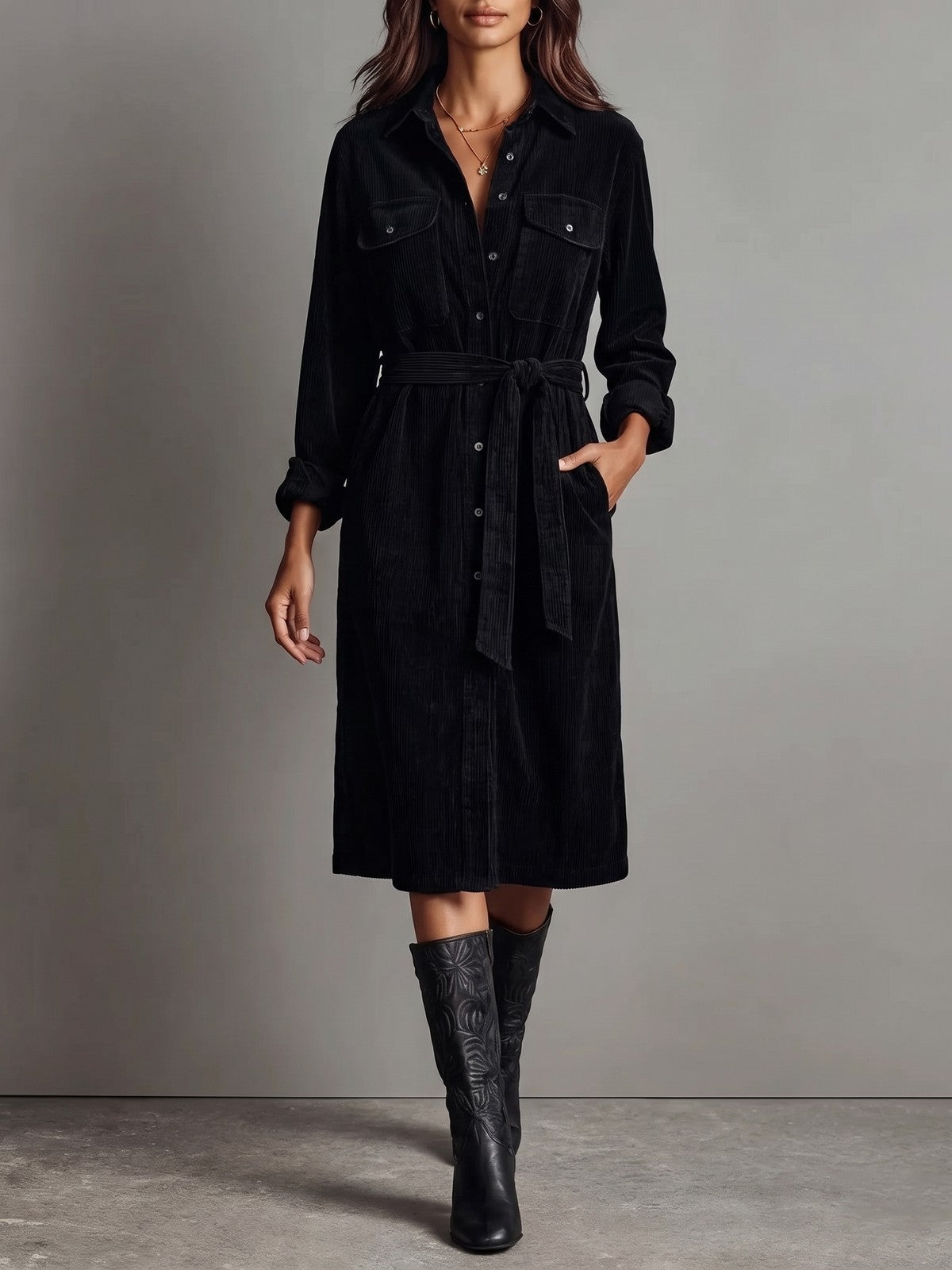 Robe Chemise Ceinturée en Velours Côtelé Femme