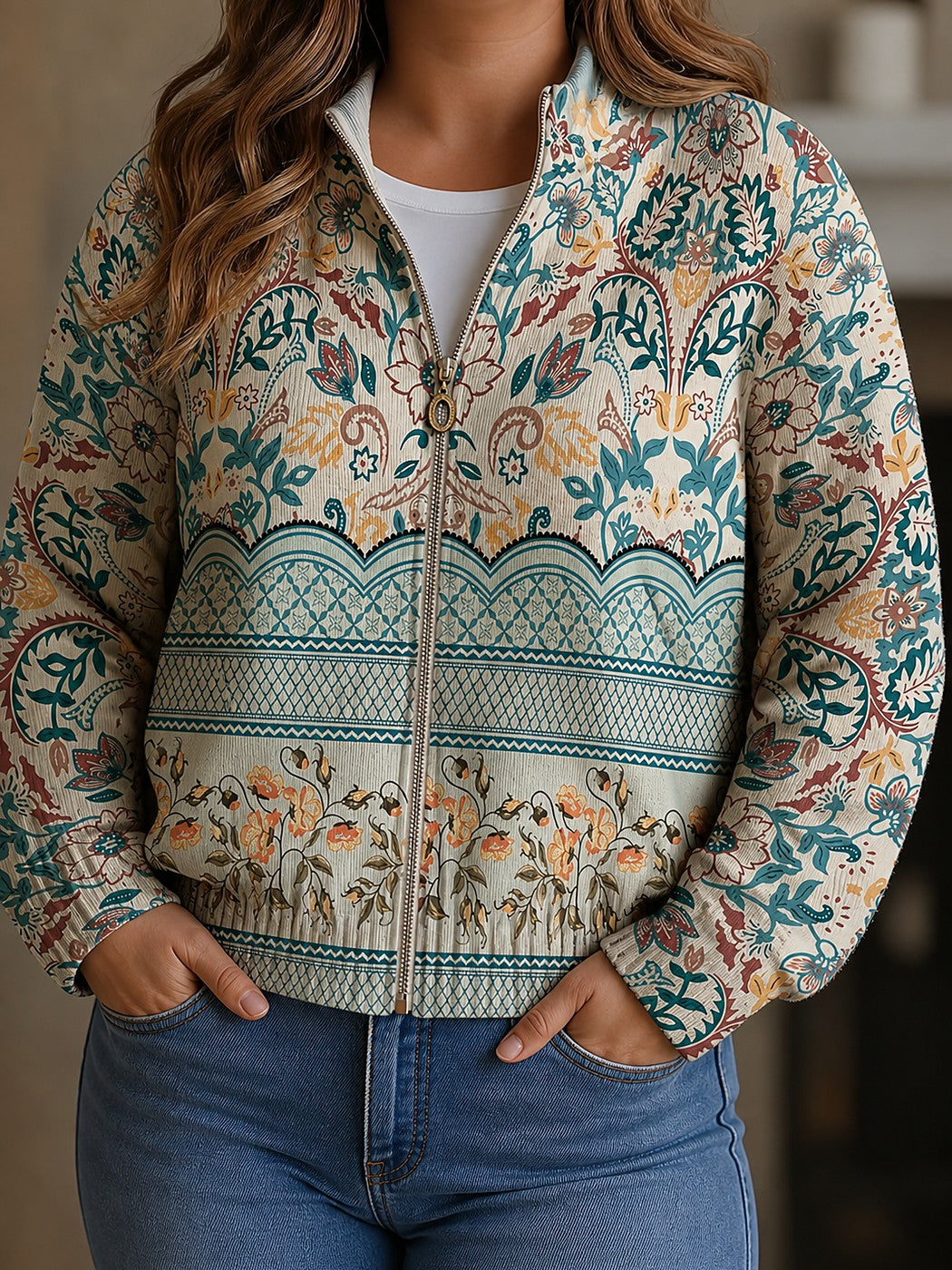 Gilet Zippé Femme Imprimé Col Montant