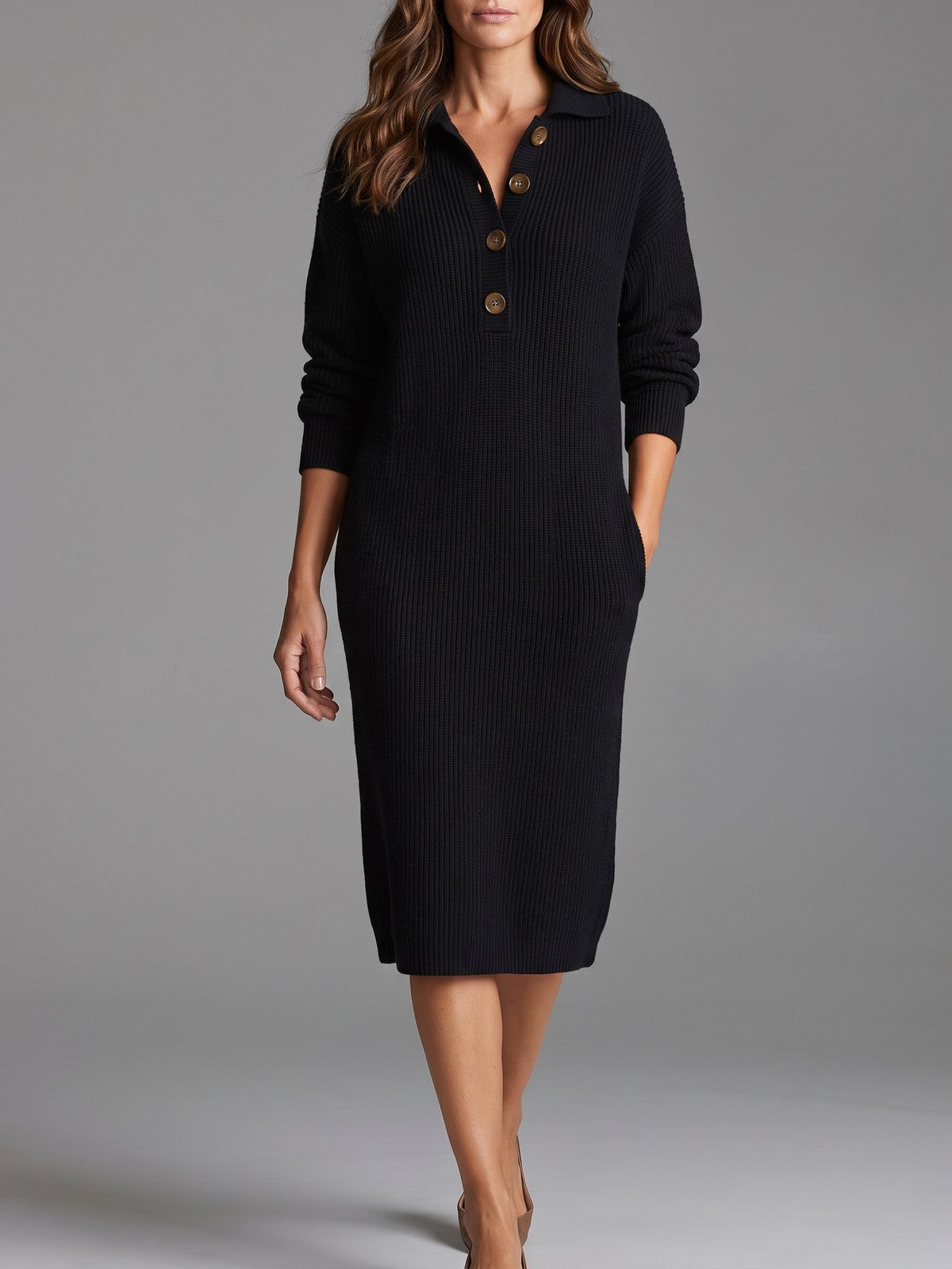 Robe Pull Côtelé Femme à Col Polo