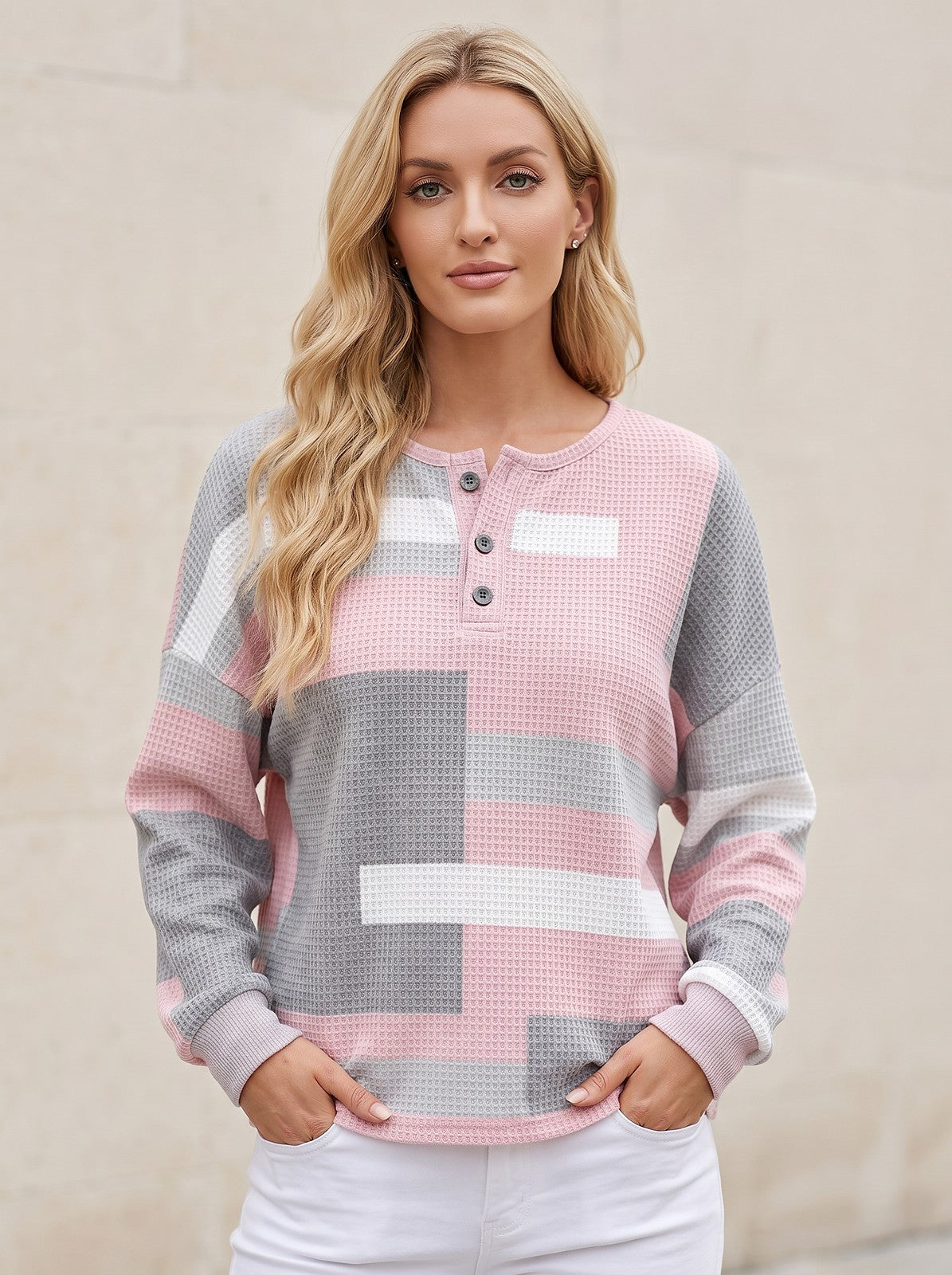 Sweat Colorblock Femme à Col Boutonné
