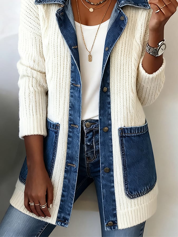 Cardigan med denimpaneler og kabelstrik