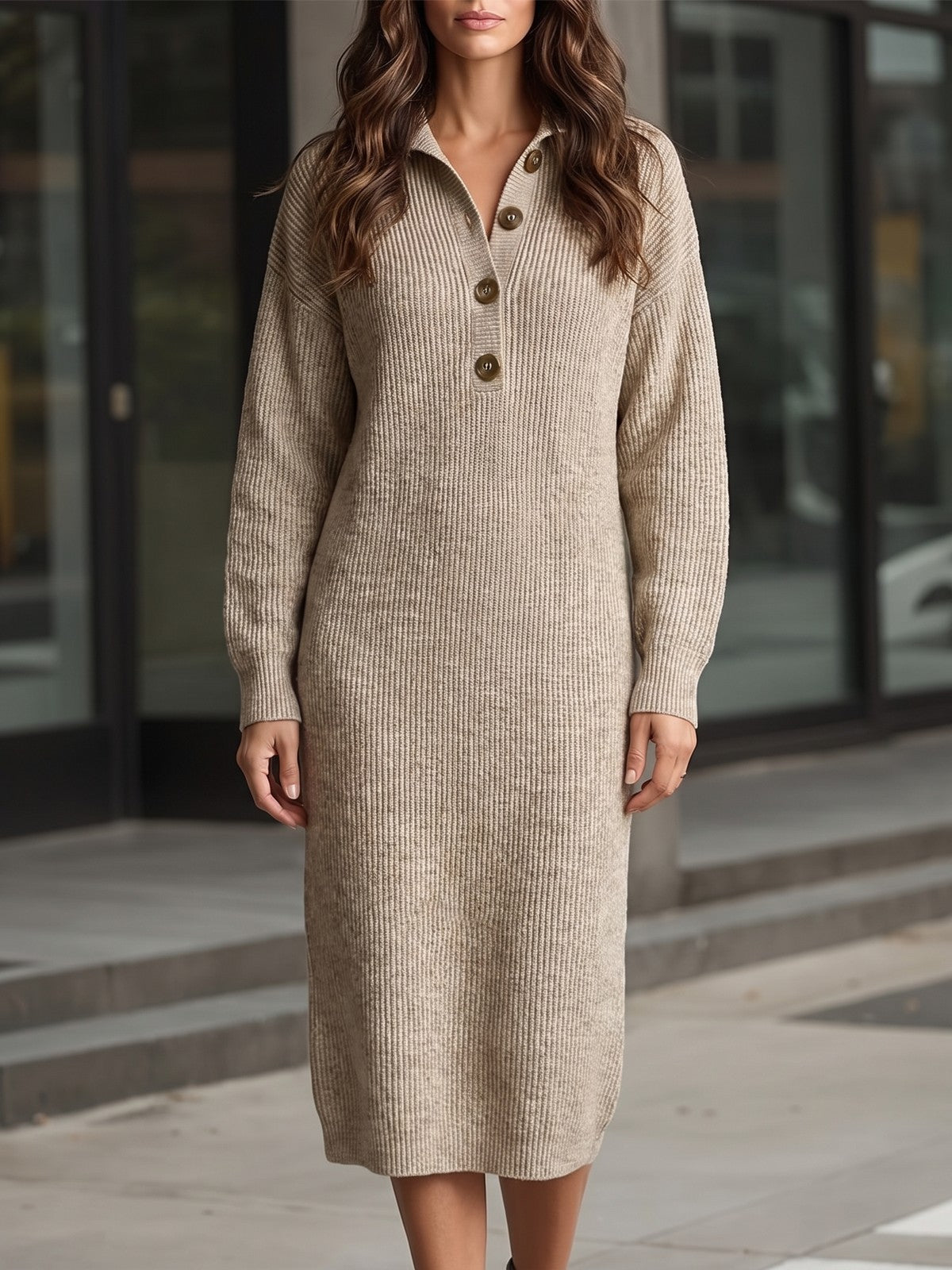 Robe Pull Côtelé Femme à Col Polo
