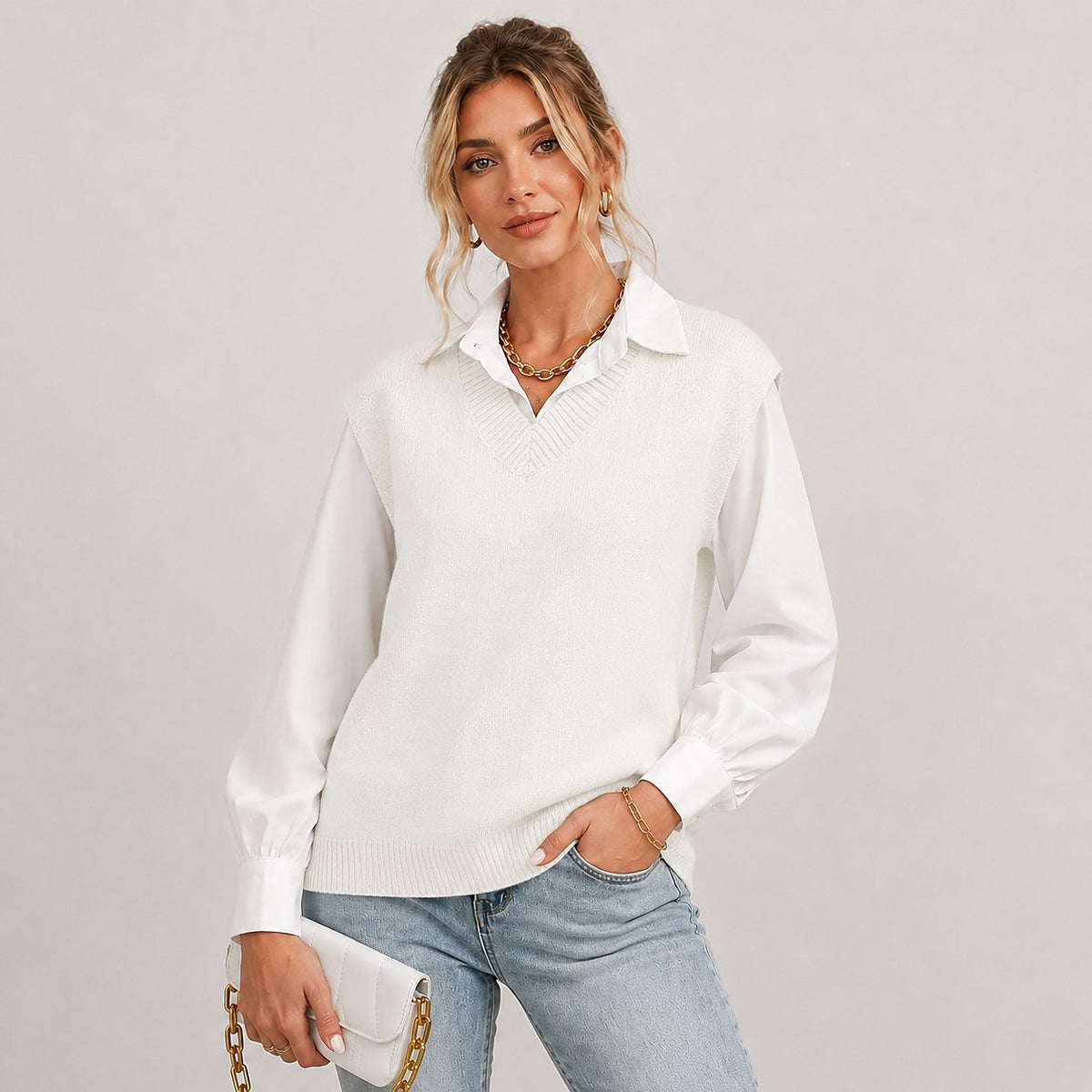 Pull Sans Manches Col V Femme