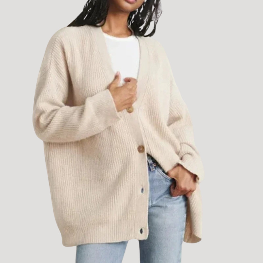 Oversized cardigan i ribstrik med V-hals