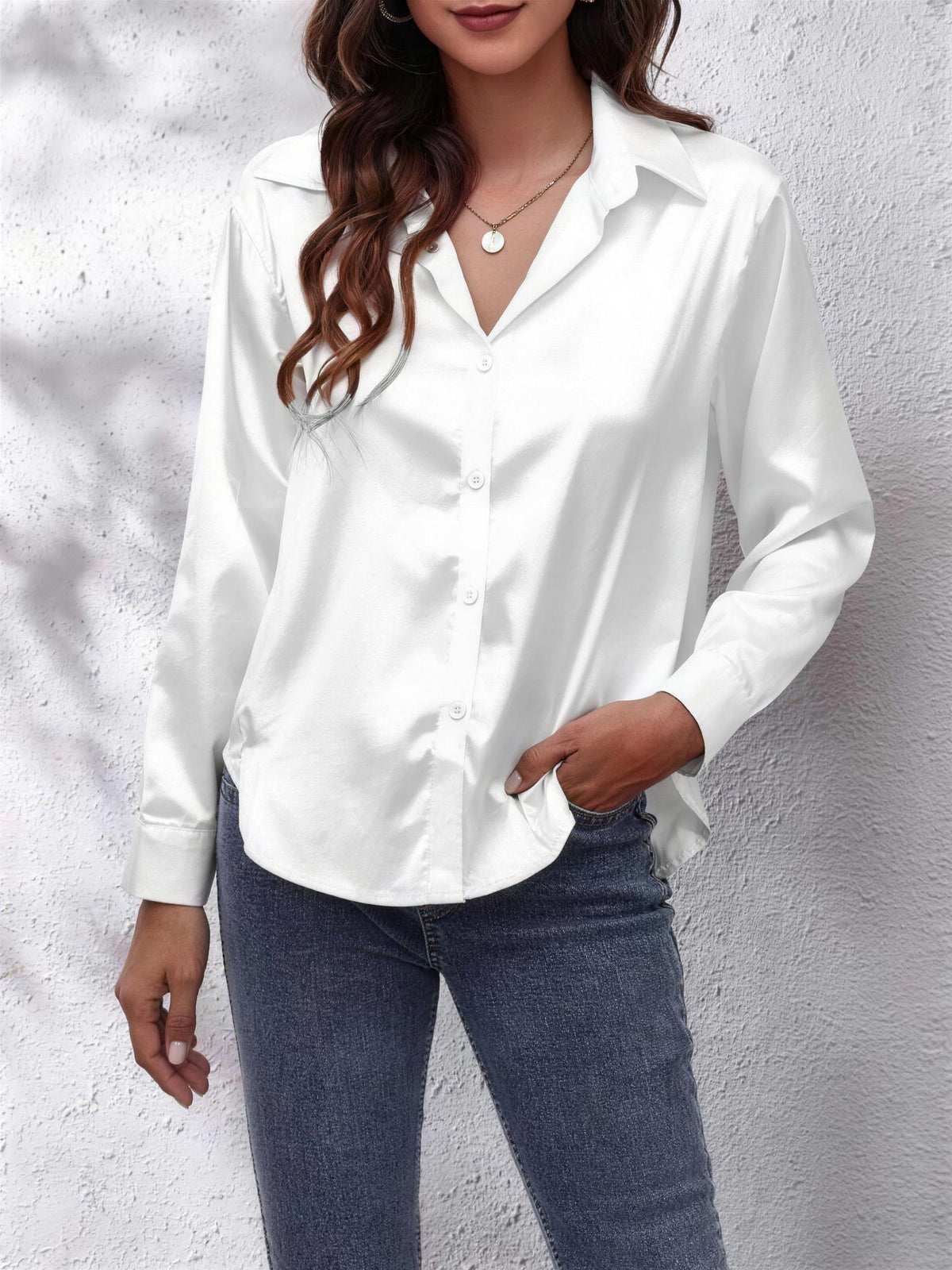 Chemise en Satin Femme à Col Pointu
