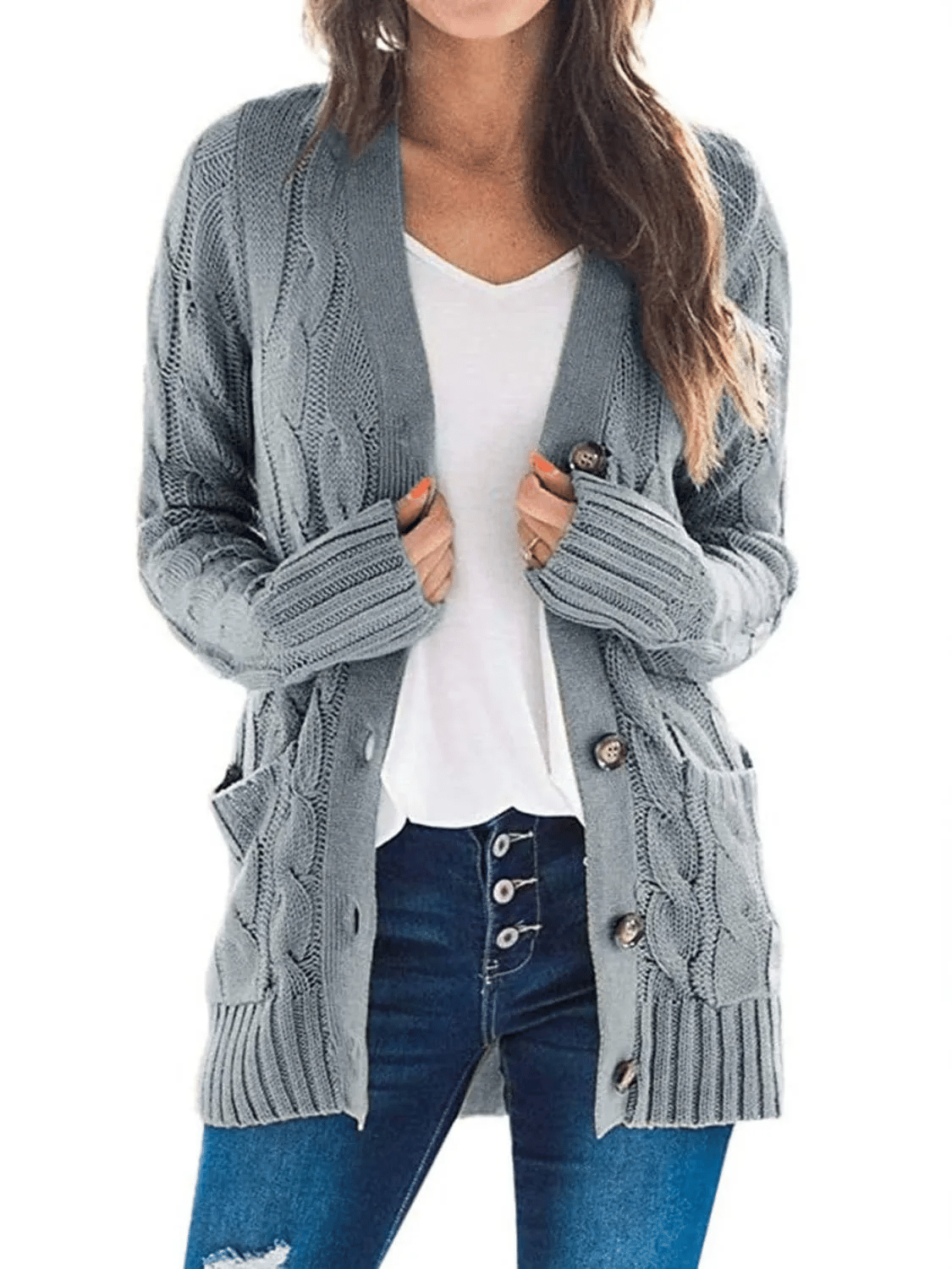 Lang kabelstrikket cardigan med lommer