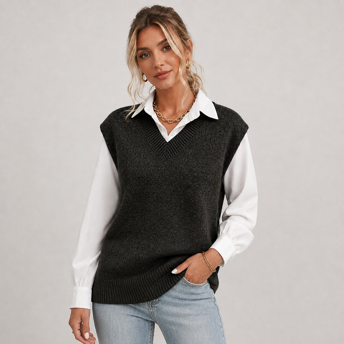 Pull Sans Manches Col V Femme
