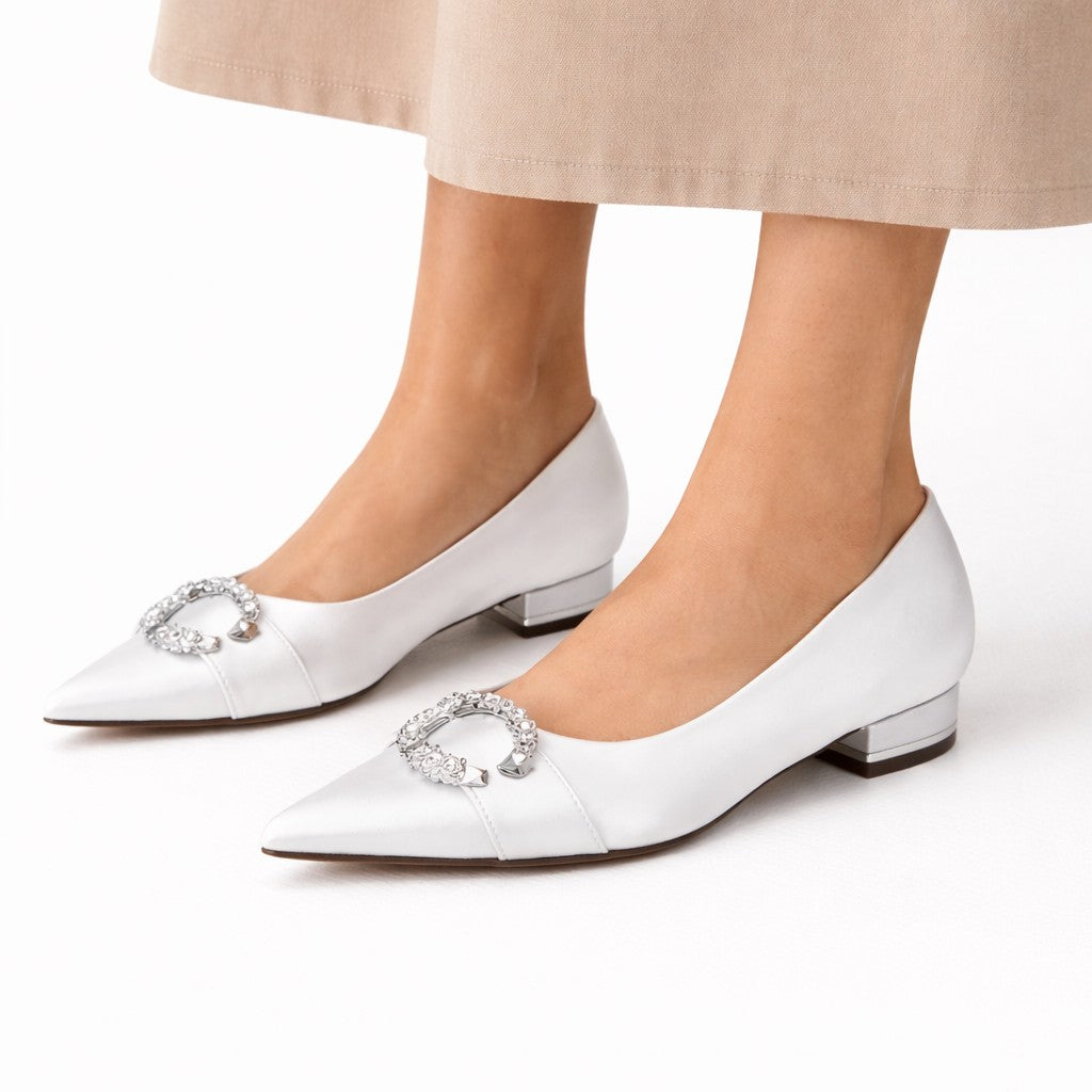 Ballerines Pointues Satin Femme à Boucle Strass