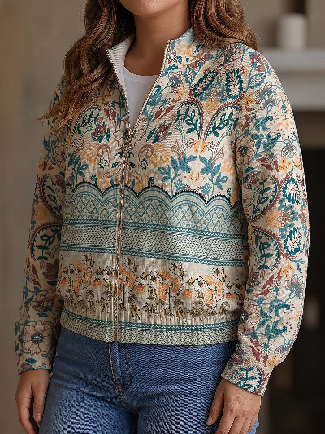 Gilet Zippé Femme Imprimé Col Montant