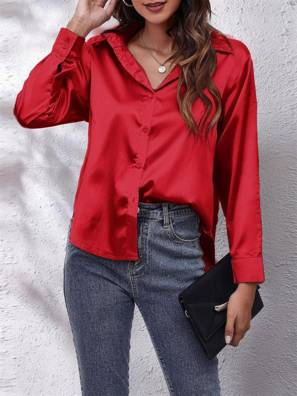 Chemise en Satin Femme à Col Pointu