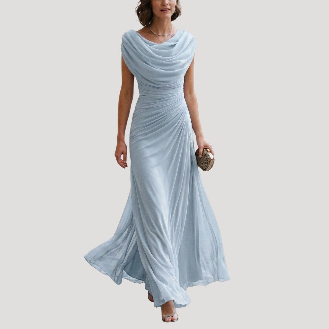 Robe Longue Drapée Femme à Manches Courtes