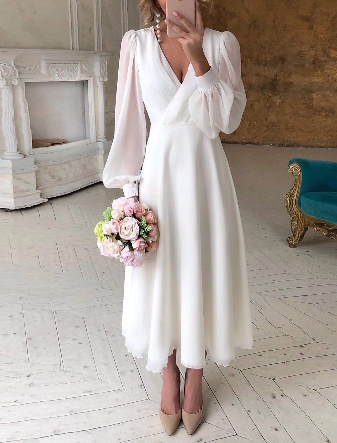 Robe Midi Portefeuille Femme à Manches Longues