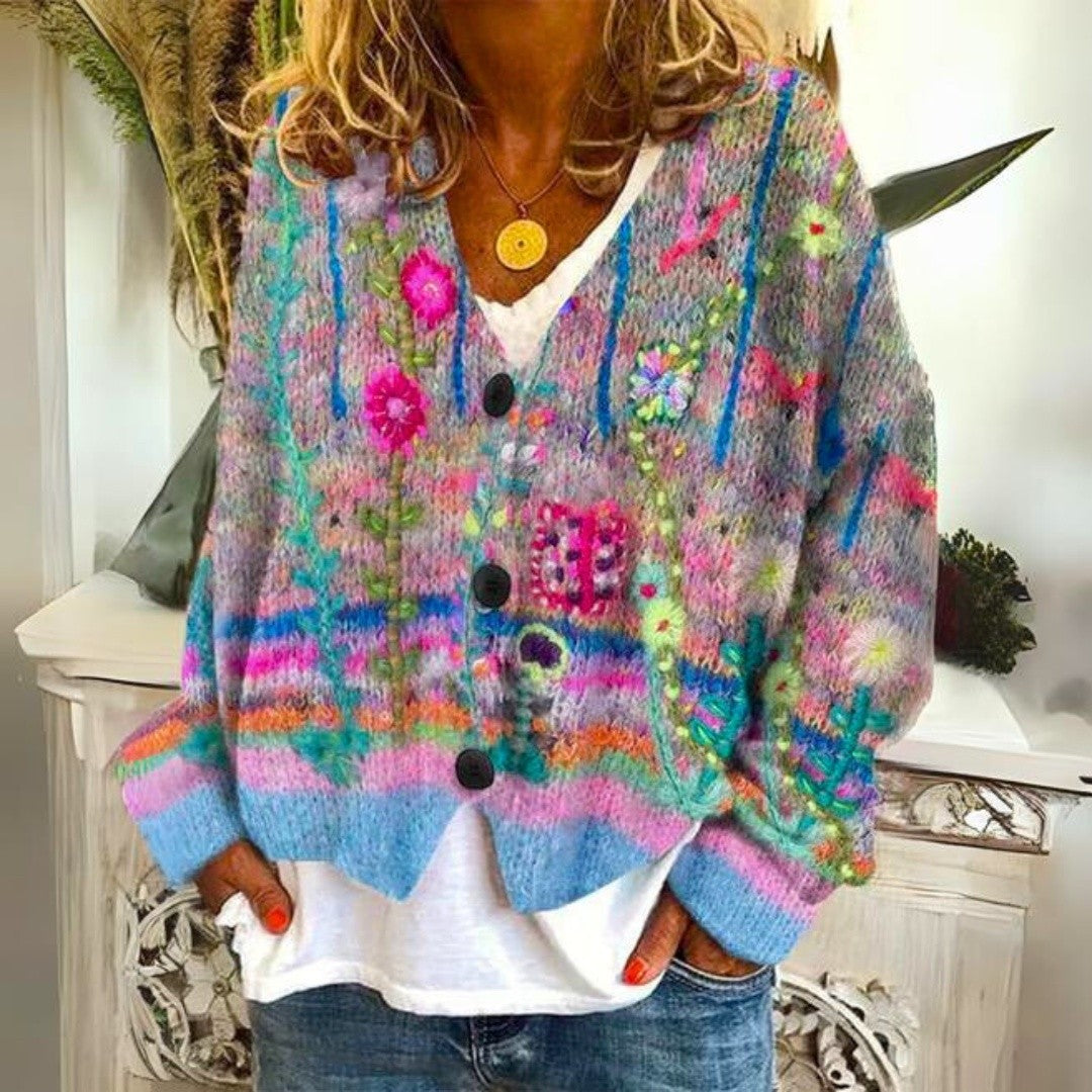 Gilet Fleuri Boutonné à Col V Femme