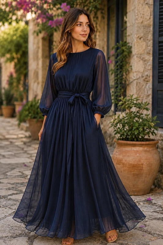 Robe de Soirée Longue Femme avec Ceinture