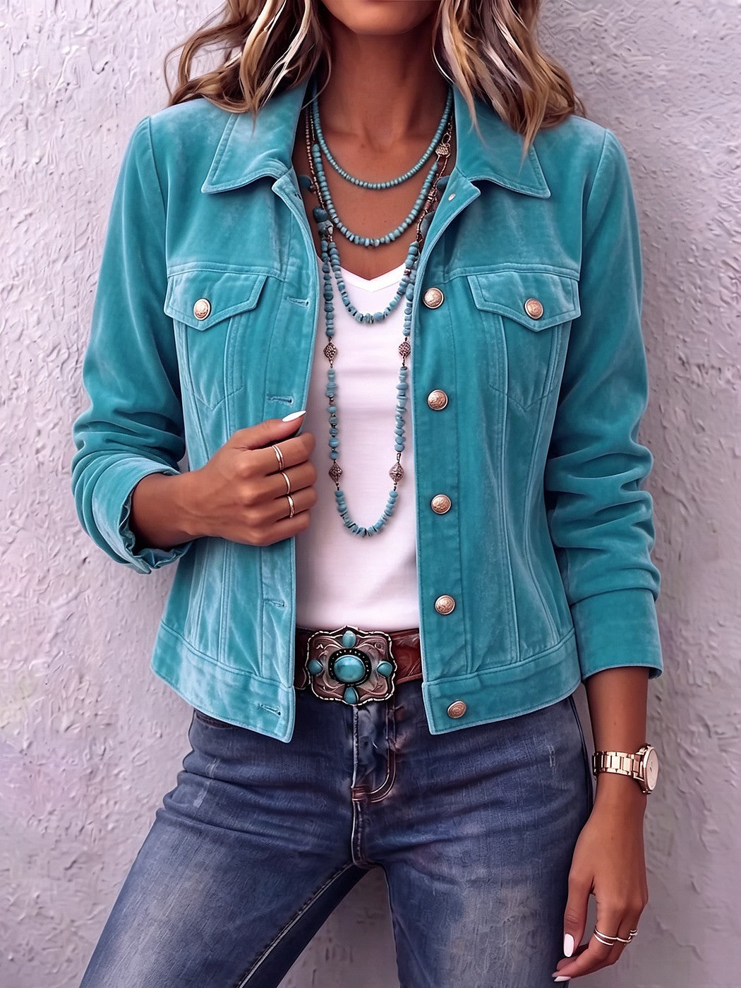 Veste Courte en Velours Femme Boutonnée