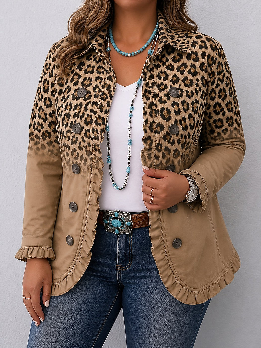 Veste Léopard Femme Croisée à Volants
