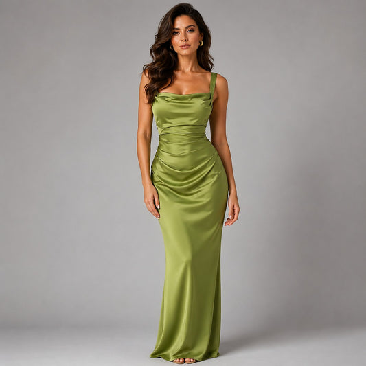 Robe Longue Satinée Femme à Col Carré