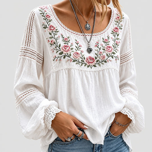 Blouse Brodée Femme à Manches Ballon