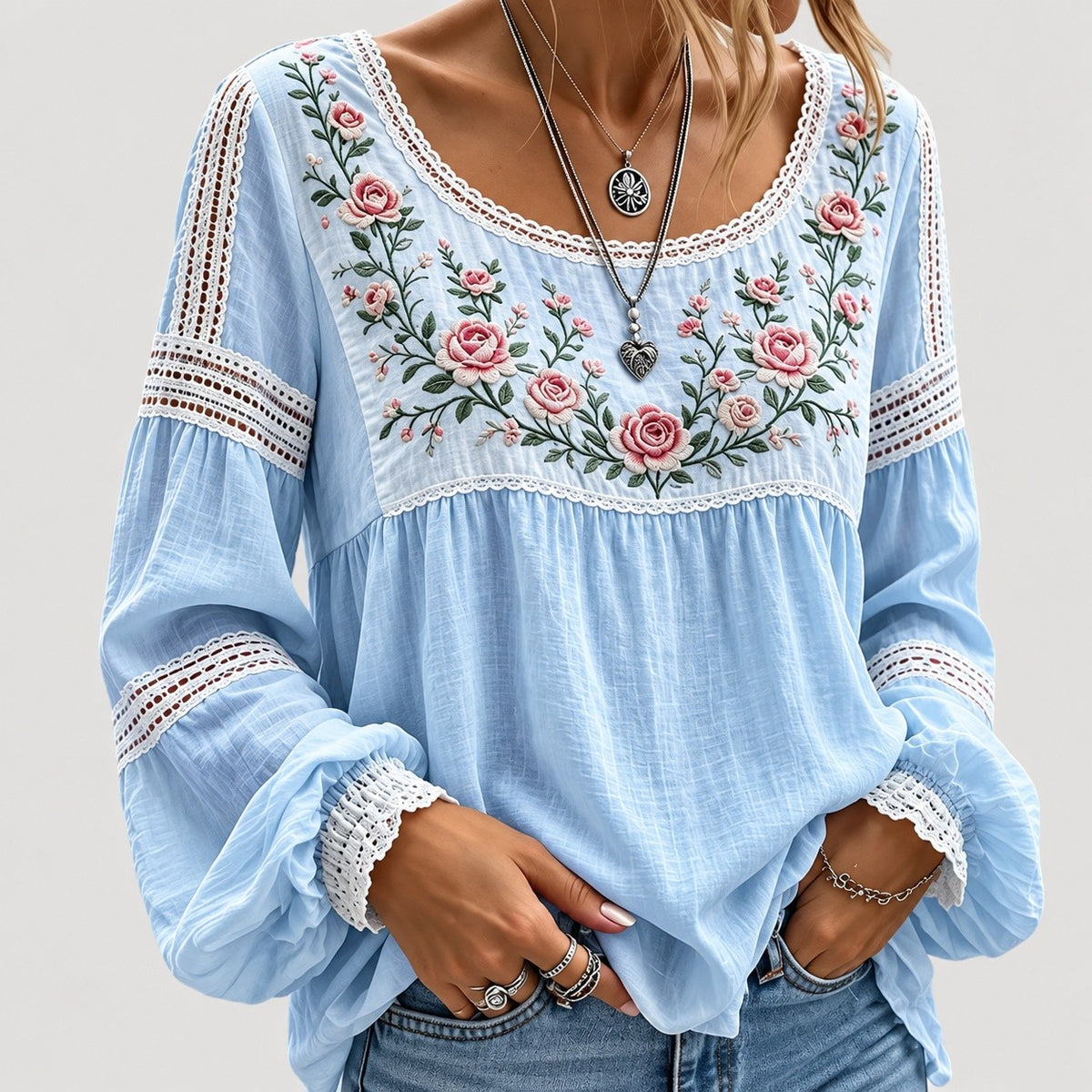 Blouse Brodée Femme à Manches Ballon