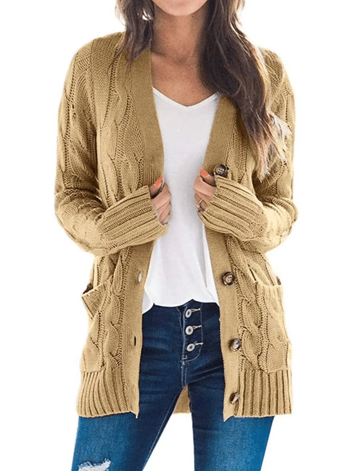 Lang kabelstrikket cardigan med lommer