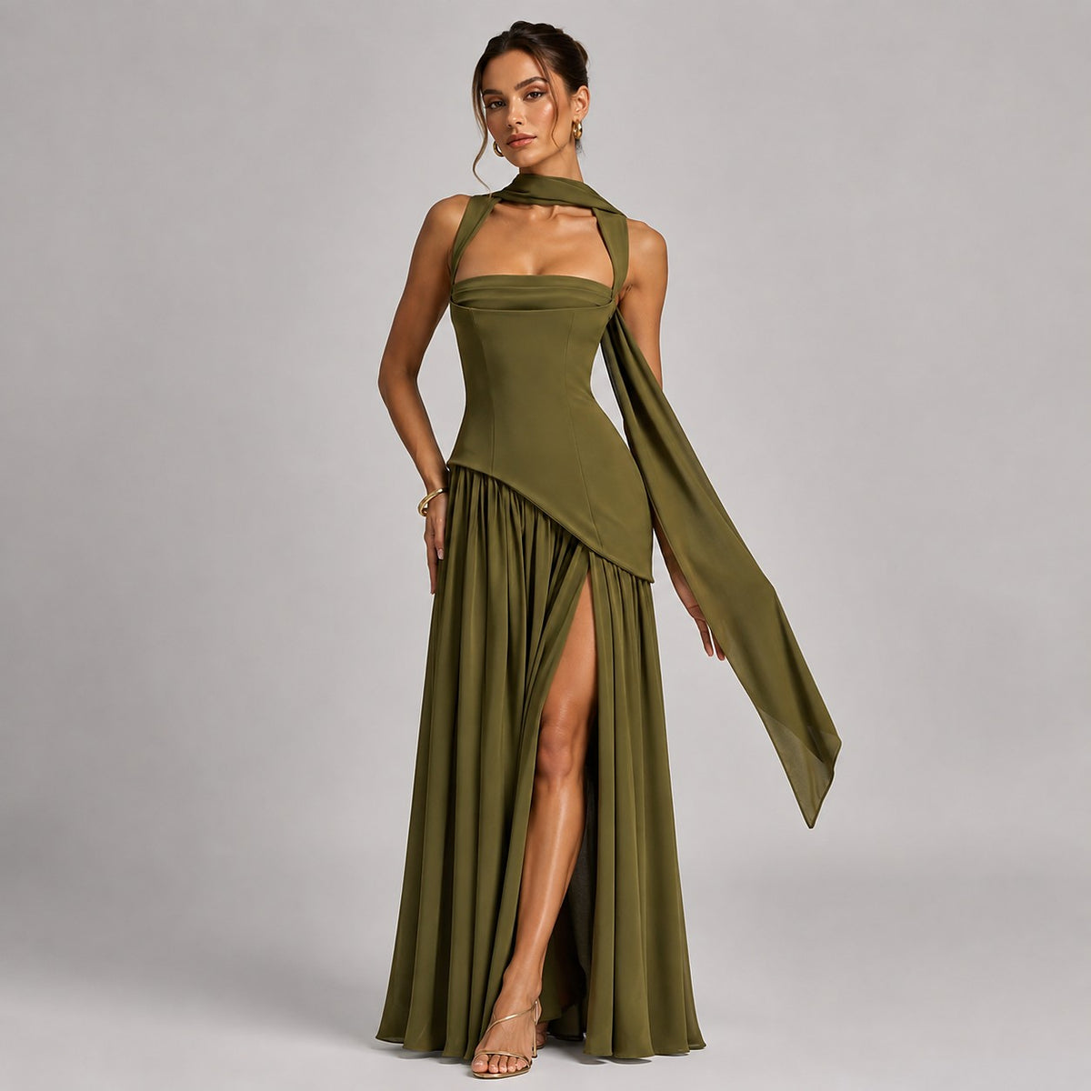 Robe Longue Fendue Femme à Dos Corset