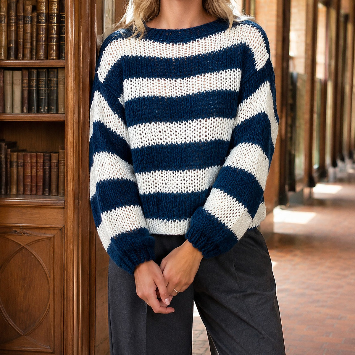 Pull Rayé Femme à Col Rond