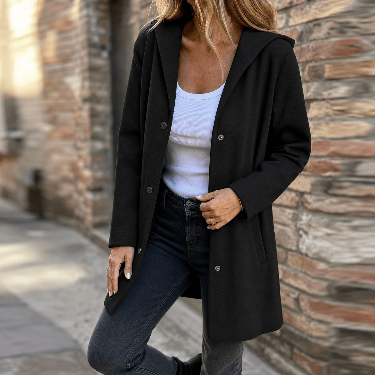 Gilet Long à Capuche Femme avec Poches