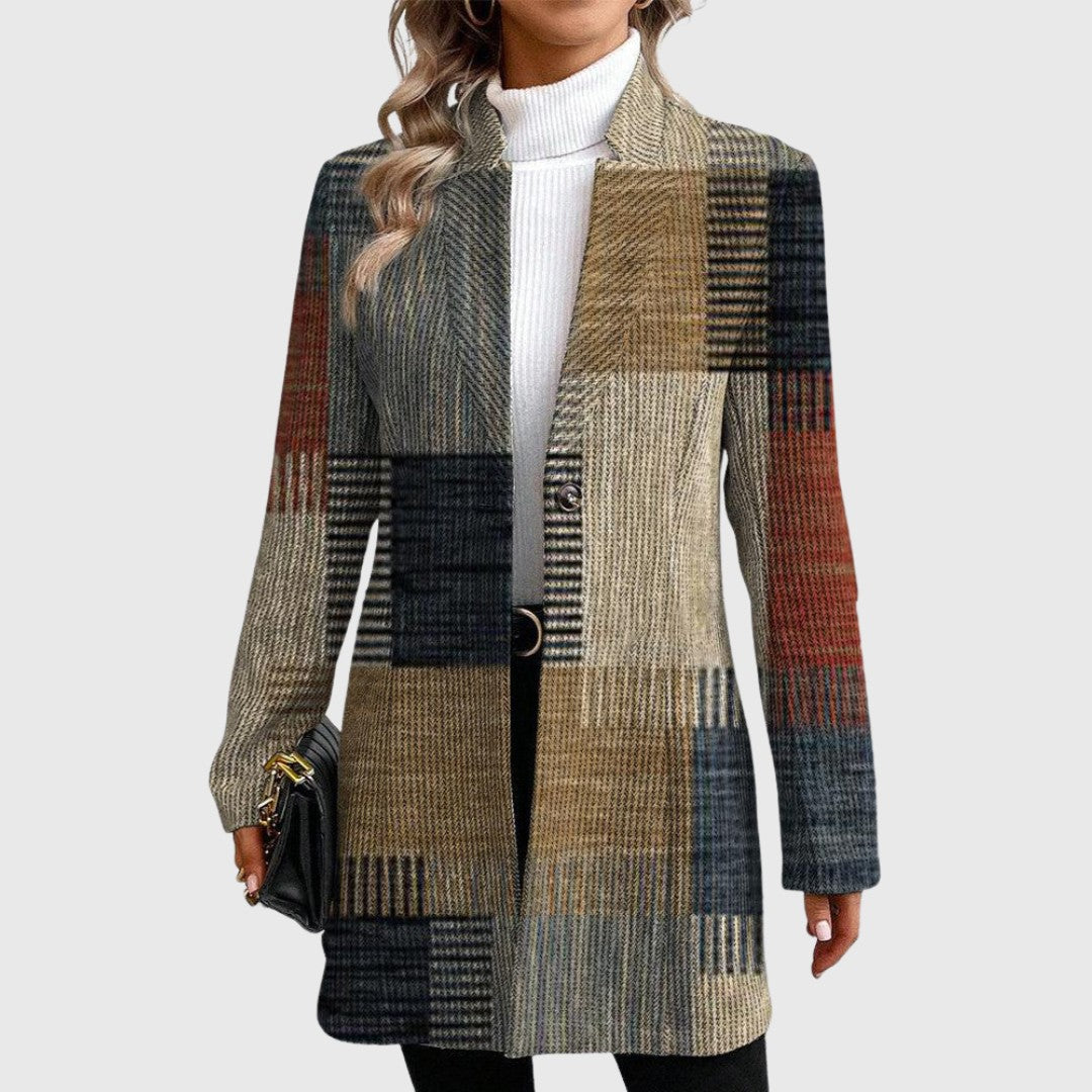Blazer Long Femme à Carreaux Patchwork