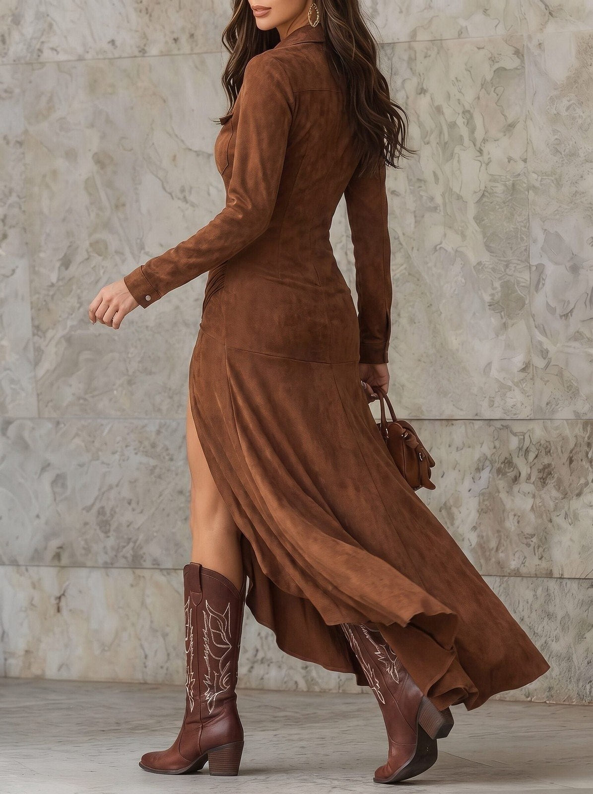 Robe Chemise Longue Effet Daim Femme
