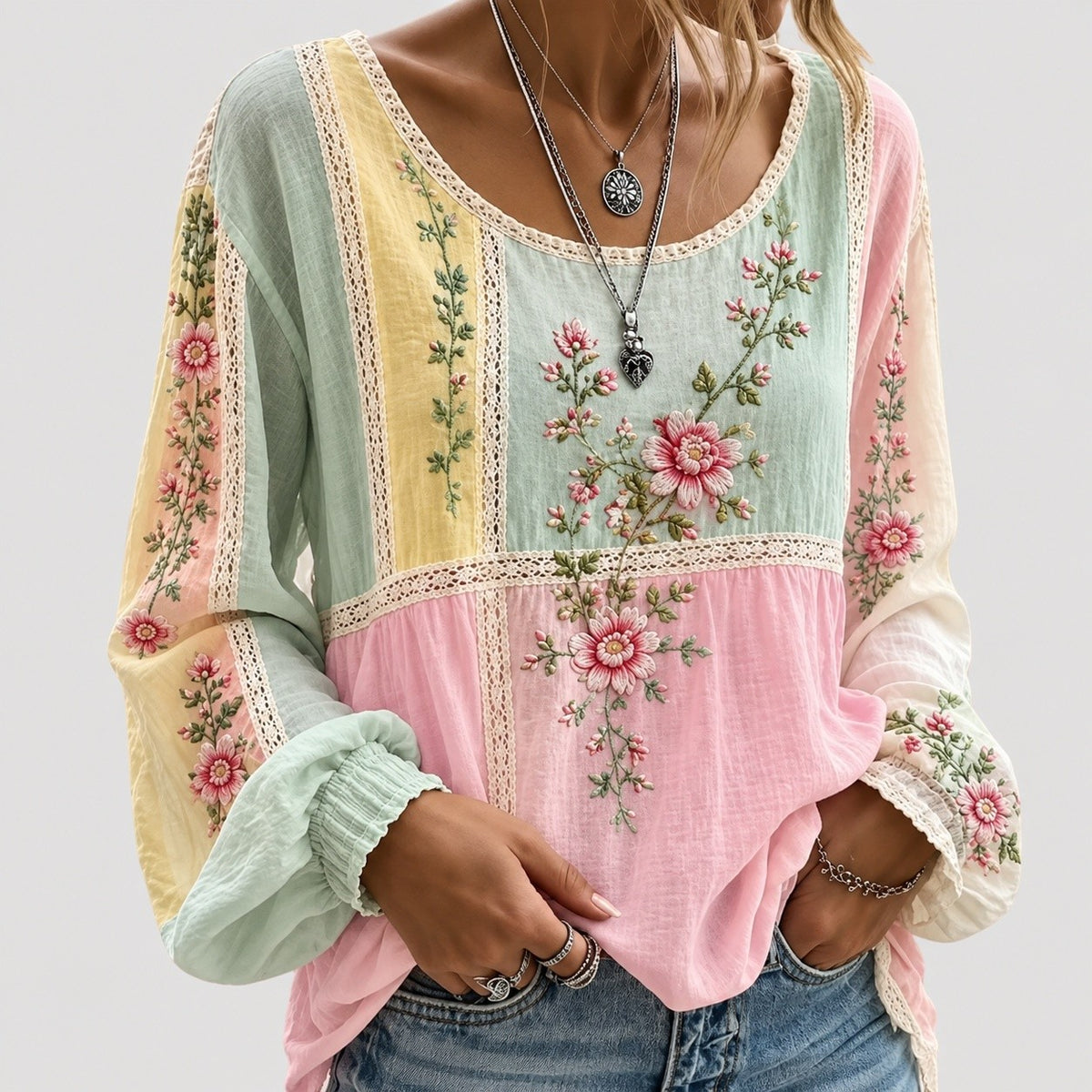 Blouse Brodée Femme à Manches Ballon