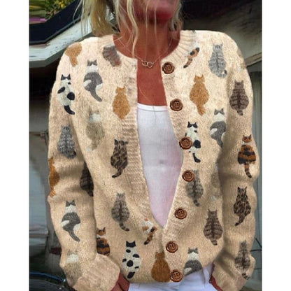 Cardigan med katteprint og træknapper
