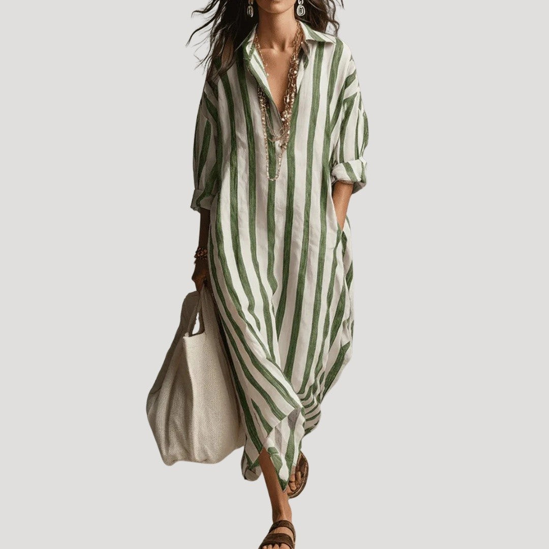 Robe Chemise Longue Rayée Femme à Poches