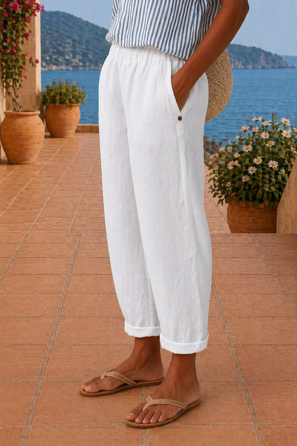 Pantalon Taille Élastique Femme à Revers