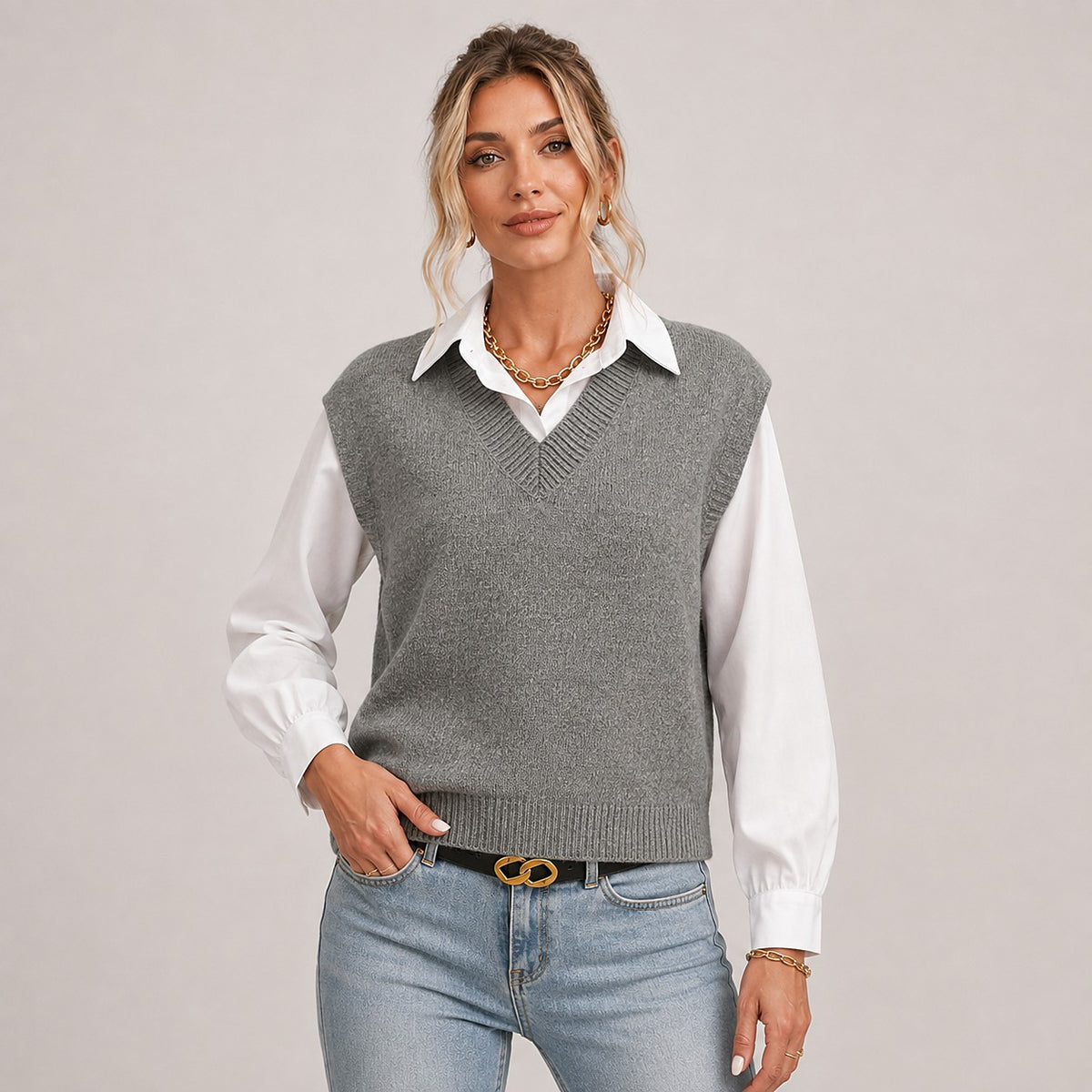 Pull Sans Manches Col V Femme