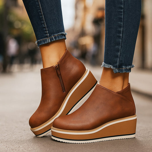 Bottines Compensées Zippées Femme à Bout Rond