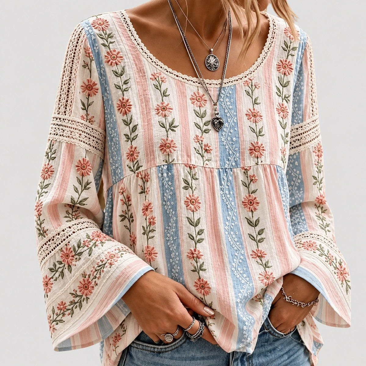 Blouse Brodée Femme à Manches Ballon