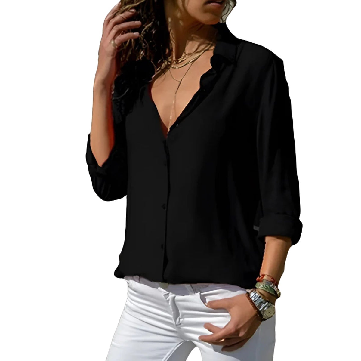 Chemise Fluide Col V Femme Manches Longues