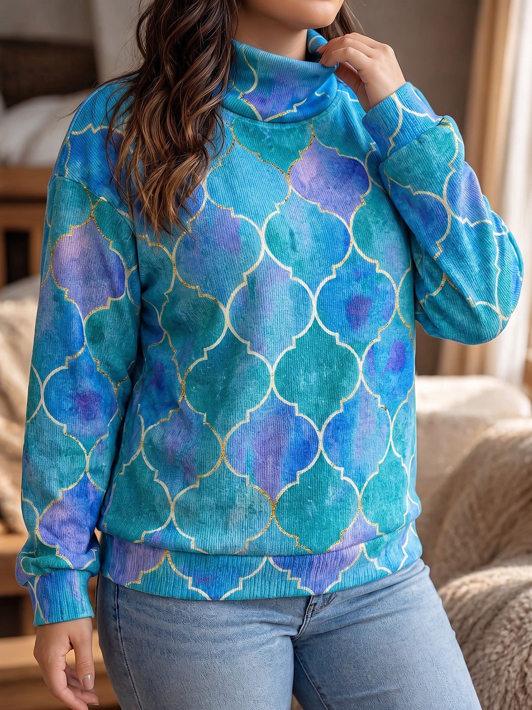 Pull Col Roulé Femme à Motif Géométrique