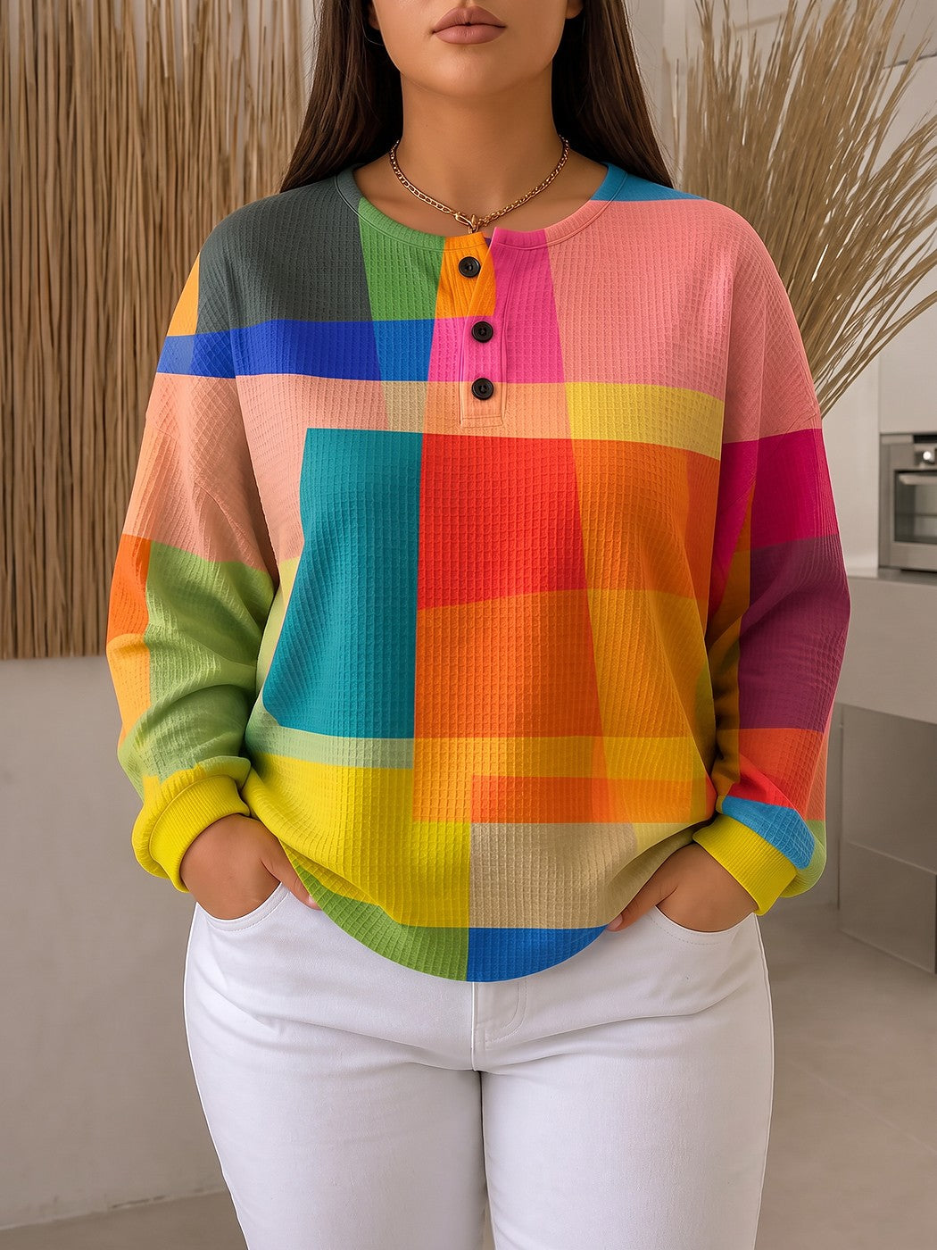 Pull Gaufré Colorblock Femme Col Tunisien