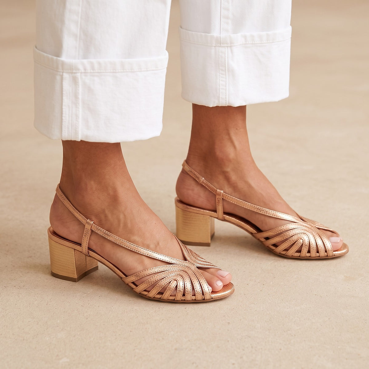 Sandales Slingback Femme Tressées à Talon Bloc