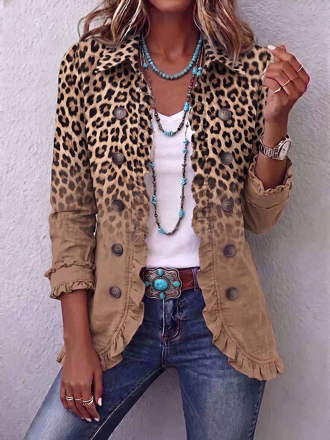 Veste Léopard Femme Boutonnée à Volants