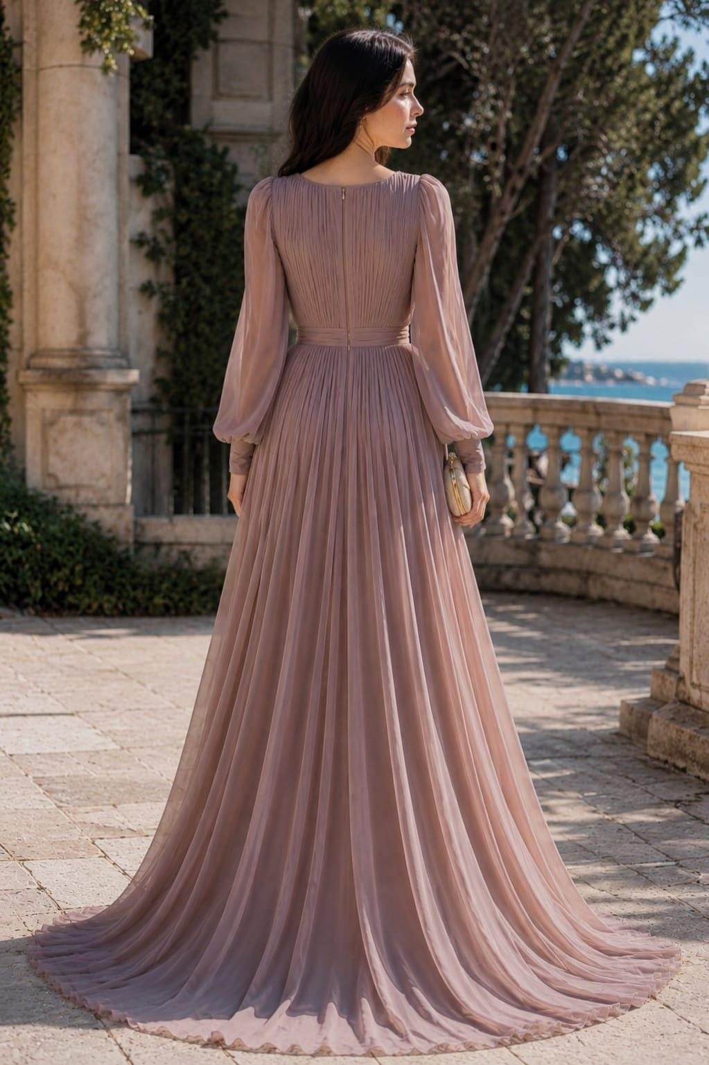 Robe Longue Plissée à Manches Ballon Femme