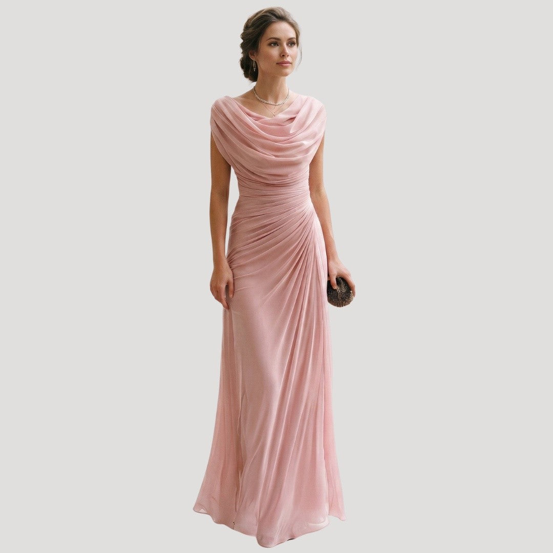 Robe Longue Drapée Femme à Manches Courtes