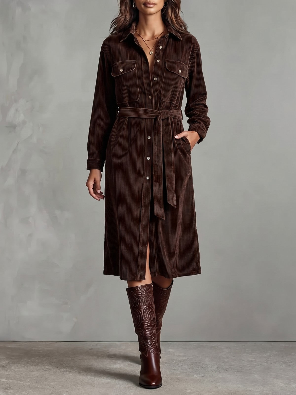 Robe Chemise Ceinturée en Velours Côtelé Femme