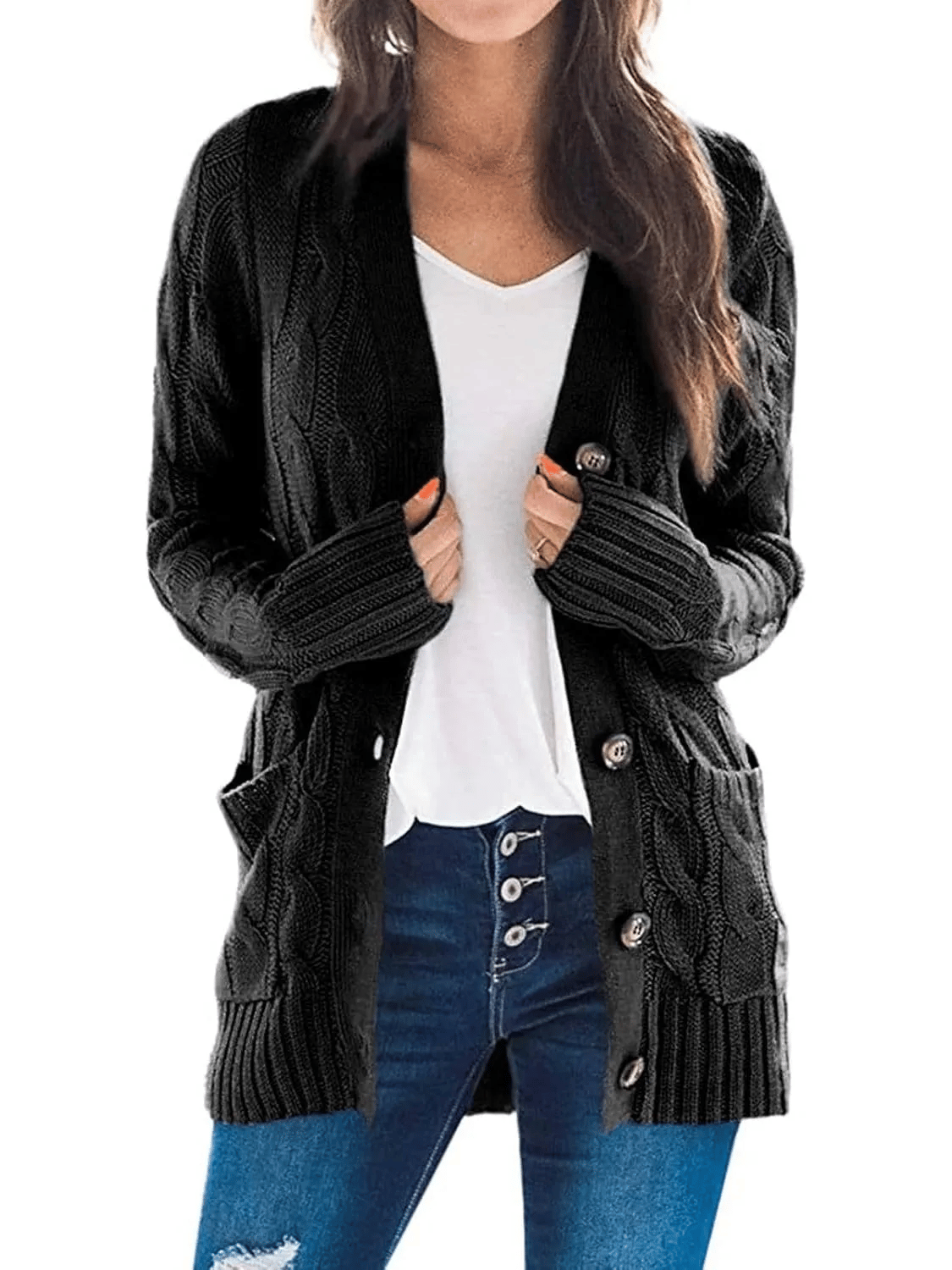 Lang kabelstrikket cardigan med lommer