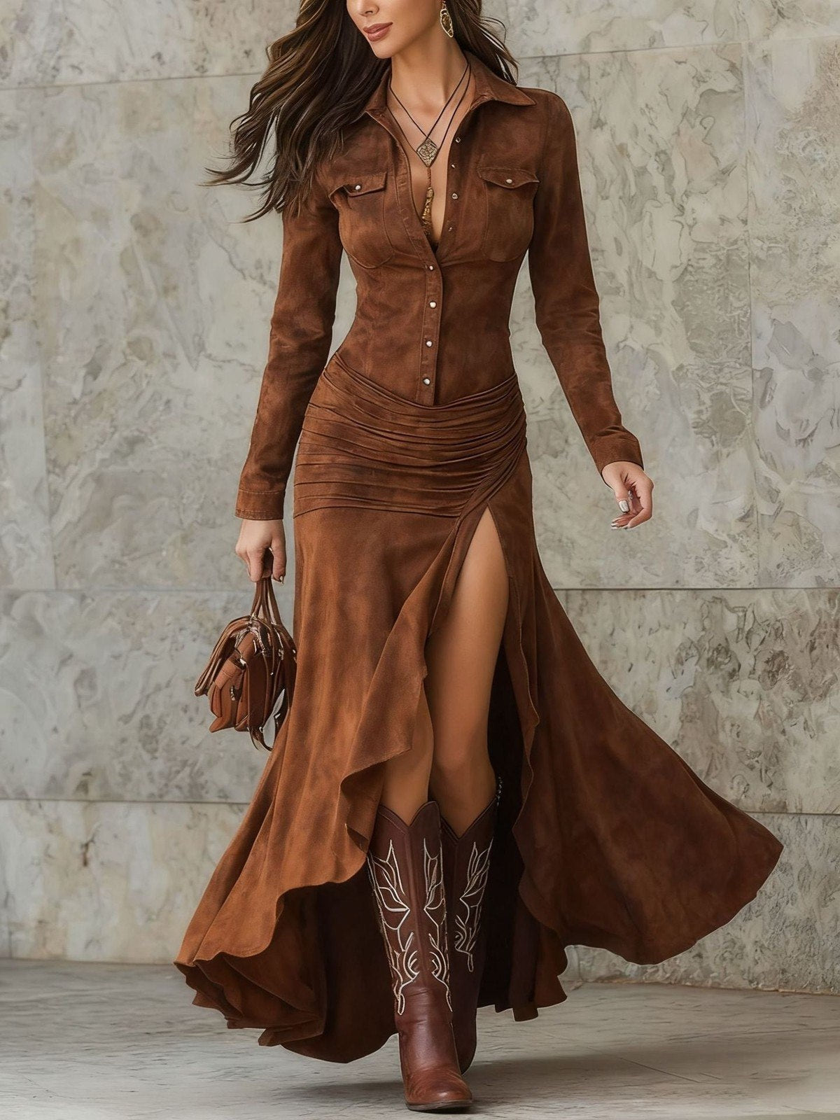 Robe Chemise Longue Effet Daim Femme