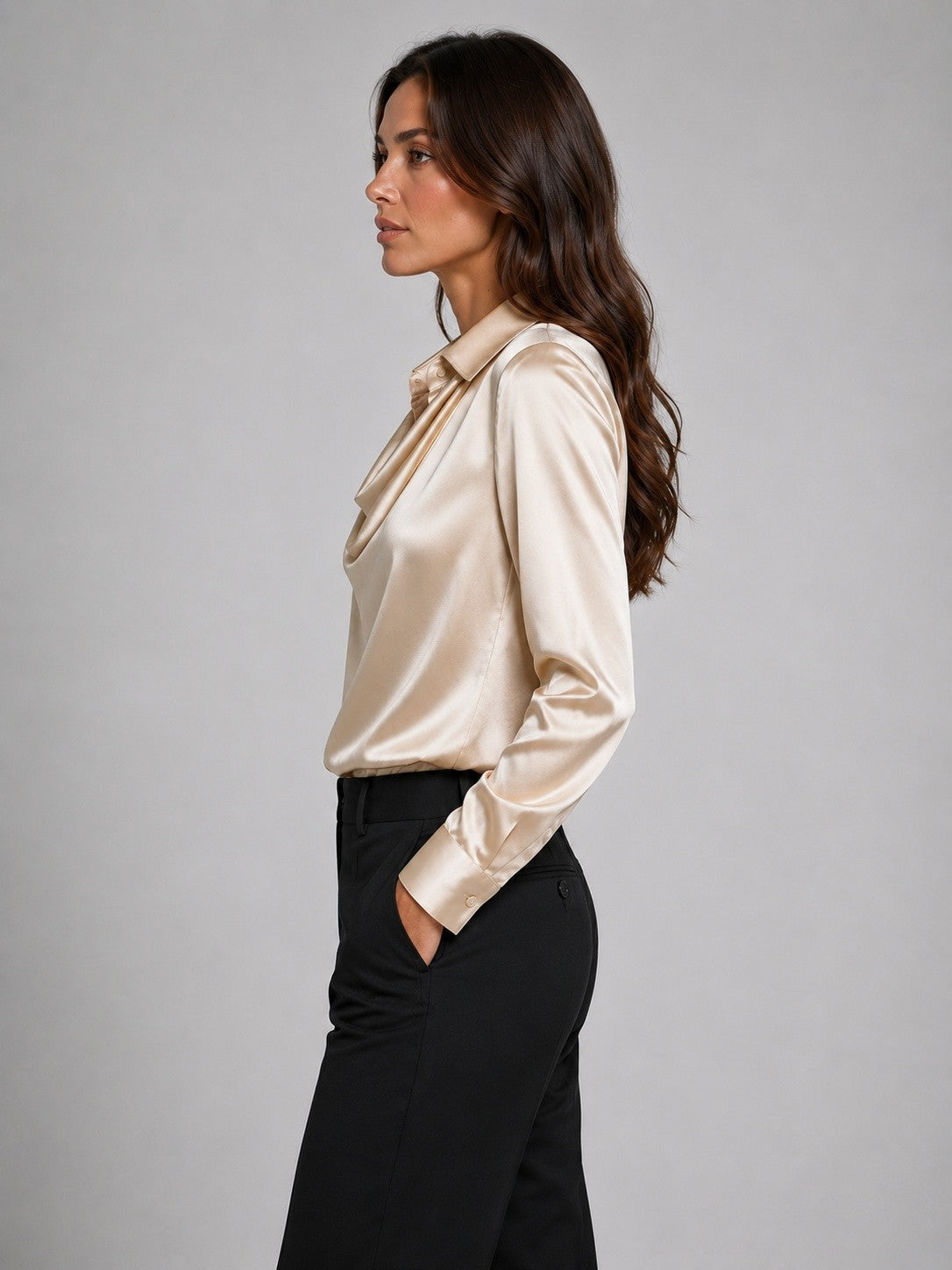 Blouse Col Chemise Femme à Encolure Drapée